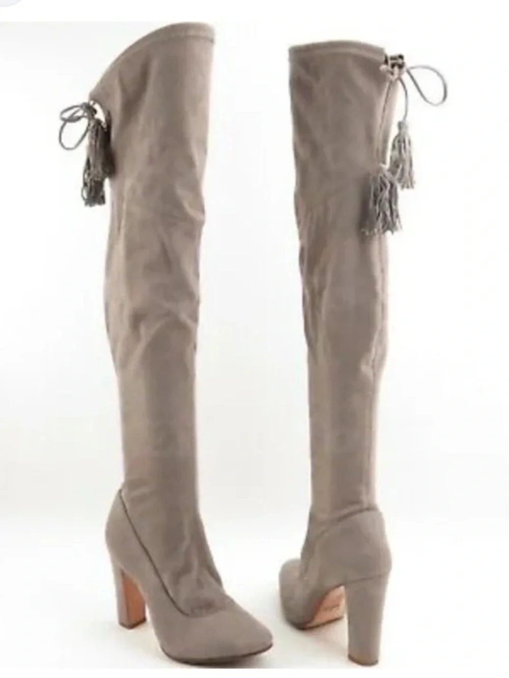 Shutz Over-the-Knee Suede Block Heel Boots in Taupe 7.5 B tassels